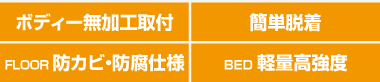 ボディー無加工取付・簡単脱着・FLOOR 防カビ・防腐仕様・BED 軽量高強度
